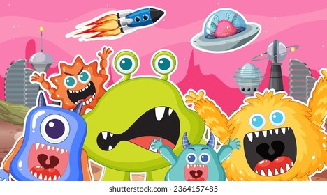 A group of adorable alien monster cartoon characters having fun in outer space