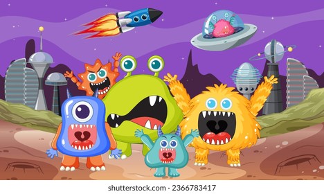 Un grupo de adorables personajes de caricaturas alienígenas que se divierten en el espacio exterior