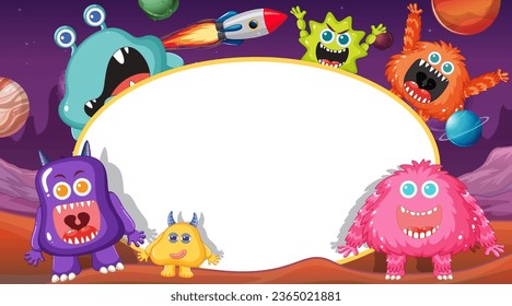 A group of adorable alien monsters having fun in outer space