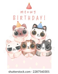 Group of adorable birthday kitten cats head in different breeds Meowy birthday watercolor illustration greeting card