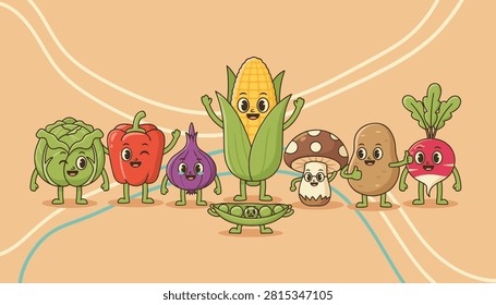 Group of adorable cartoon vegetable characters including corn potato onion mushroom pea radish and sweet pepper.