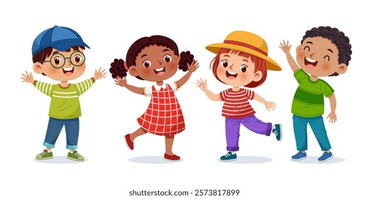 Group of adorable children are playing joyfully. The kids are smiling and waving their hands having fun and energetically. Vector illustration