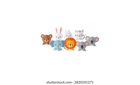 A group of adorable, flat-style cartoon animal characters including a lion, elephant, koala, bear, rabbit, and cat. The illustration features soft colors and simple geometric shapes, making it perfect for children's designs, educational materials, or nursery decor.