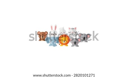 A group of adorable, flat-style cartoon animal characters including a lion, elephant, koala, bear, rabbit, and cat. The illustration features soft colors and simple geometric shapes, making it perfect for children's designs, educational materials, or nursery decor.