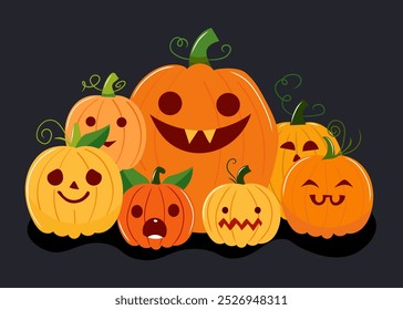 Group of adorable Halloween pumpkins with different spooky and funny facial expressions, perfect for Halloween designs. Vector illustration of pumpkins in flat cartoon style on dark background.