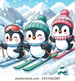 A group of adorable penguins hitting the slopes on skis