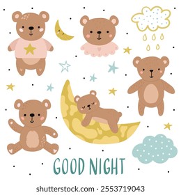 a group of adorable teddy bears in a nighttime setting, surrounded by stars, a crescent moon, clouds, and the phrase - Good Night.