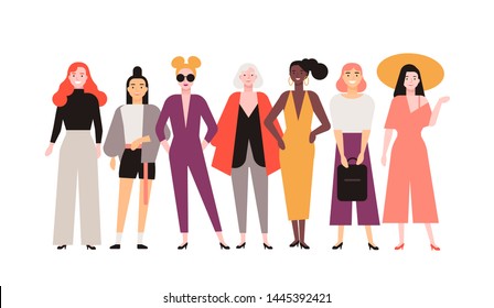 Group of adorable women dressed in trendy clothes isolated on white background. Smiling female friends standing together. Portrait of cute joyful stylish girls. Flat cartoon vector illustration.