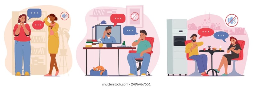 Group Of Adult Characters Is Communicating Using Sign Language In Various Settings, Including A Library, Home and Office, Emphasizes The Importance Of Inclusivity And Silent People Communication