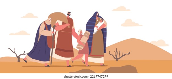 Group Of Adult and Kid Israelite Characters with Belongings Walking Through Desert with Mountainous Terrain, Biblical Story about Moses Lead People to Promised Land. Cartoon Vector Illustration