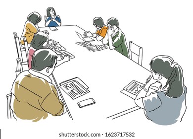 Group Of Adult People Man And Women Meeting On The Long Big Table Hand Drawing Doodle Line Art  With Color