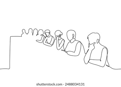 group of adults sits at a long table on one side - one line art vector. concept observers, commission, press conference. Handmade vector not AI