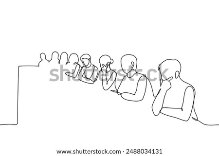 group of adults sits at a long table on one side - one line art vector. concept observers, commission, press conference. Handmade vector not AI