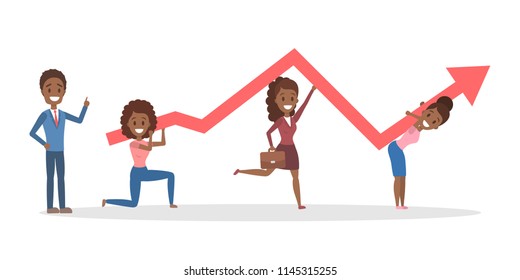 Group of african american business people holding a red rising arrow. Idea of teamwork and financial growth. Isolated flat vector illustration