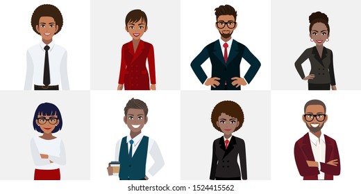 Group of African or American business people cartoon character. African or American businessman and businesswoman in office style smart suit and casual. Vector illustration