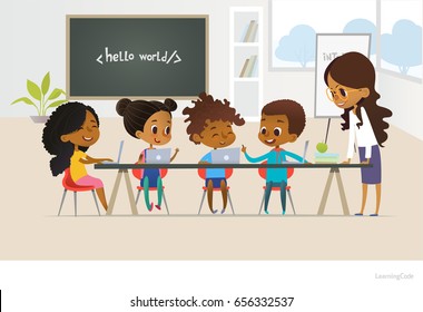 Group of African American kids learn coding, one boy answers question, smiling female teacher listens to him. Concept of informatics lesson at school. Vector illustration for banner, poster, website.