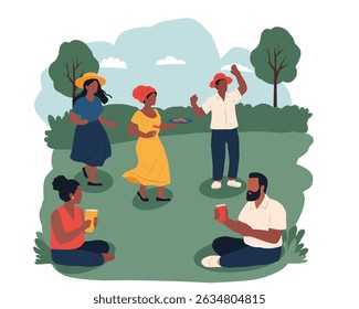 A group of African American people celebrating together outdoors in a joyful and vibrant setting. Men and women are dancing, talking, and enjoying drinks on a sunny day in the park. The scene reflects