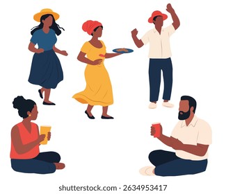 Group of African American people celebrating together. Festive scene of dancing, eating, and drinking—perfect for Juneteenth, culture, and heritage theme