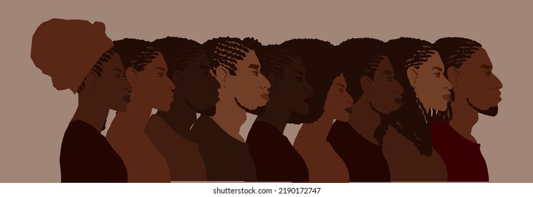 Group of african american people with differnt afro hair styles. Man and woman crowd illustration. Web banner art