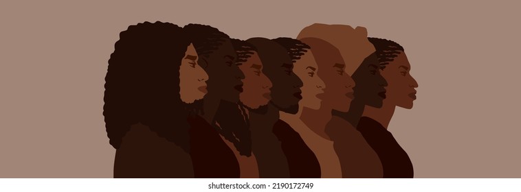 Group of african american people with differnt afro hair styles. Man and woman crowd illustration. Web banner art