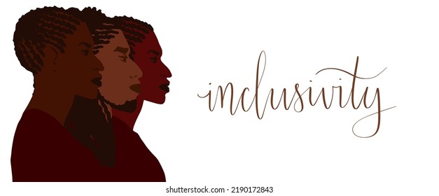 Group of african american people with differnt afro hair styles. Man and woman crowd illustration. Inclusivity lettering Web banner art