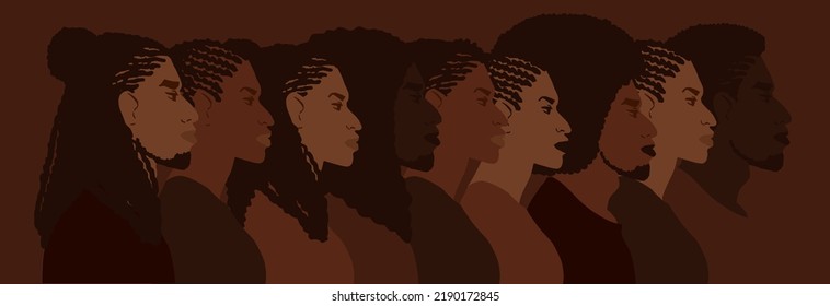 Group of african american people with differnt afro hair styles. Man and woman crowd illustration. Web banner art