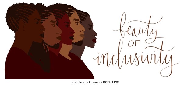 Group of african american people with differnt afro hair styles. Man and woman crowd illustration. Beauty of inclusivity lettering Web banner art