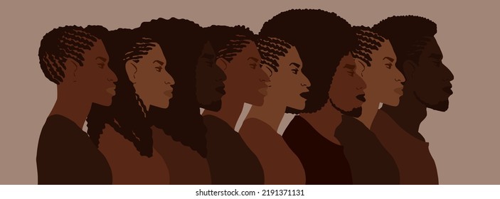 Group of african american people with differnt afro hair styles. Man and woman crowd illustration. Web banner art