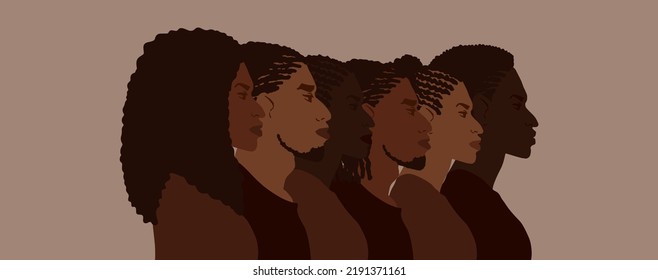 Gruppe afrikanischer Amerikaner mit unterschiedlichen Afro-Haarstilen. Mann und Frau, die eine Menschenmenge illustrieren. Web-Banner-Kunst