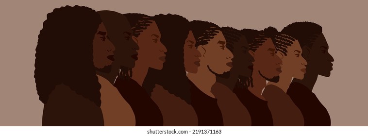 Group of african american people with differnt afro hair styles. Man and woman crowd illustration. Web banner art