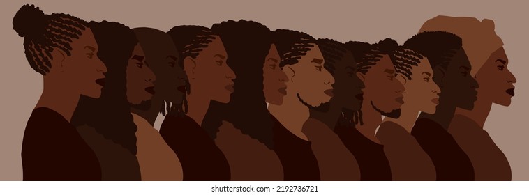 Group of african american people with differnt afro hair styles. Man and woman crowd illustration. Web banner art