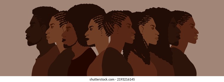 Group of african american people with differnt afro hair styles. Man and woman crowd illustration. Web banner art