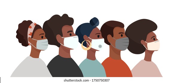 Group of African American people: men and women wearing medical masks to prevent disease, flu, air pollution, contaminated air, world pollution. Colourful cartoon vector illustration in a flat style.