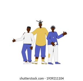 Group of african american teenagers standing together. Young male friends wearing in casual clothes. three boys mate. Vector color line illustration. 