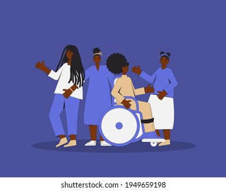 Group of african american teenagers standing together. Young female  friends wearing in casual clothes.  Vector color line illustration. 