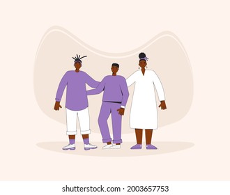 Group of african american teenagers standing together. Young female and male friends wearing in casual clothes. Boys and girl. Vector color line illustration. 