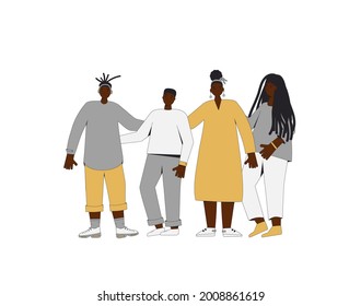 Group of african american teenagers standing together isolated on white background. Young female and male friends wearing in casual clothes. Boys and girls. Vector color line illustration. 