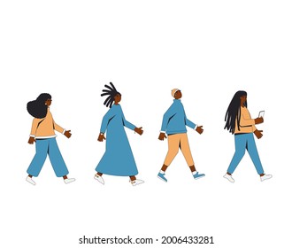 Group of african american teenagers walking one after another isolated on white background. Young female and male friends wearing in casual clothes marching in step together. Boy and girls.