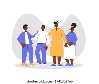 Group of african american teens standing together. Young female and male friends wearing in casual clothes. Black boys and girls teenagers hugging each other. Vector color line illustration. 