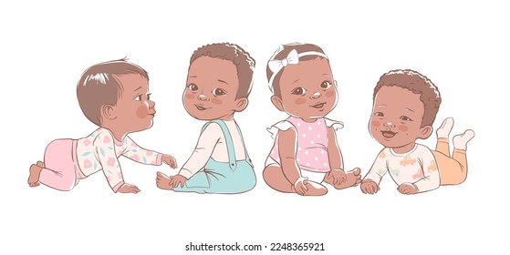 A group of African cute little baby boys and girls sitting, crawling. First years baby development. Cute little baby boy and a girl are smiling. Active baby 3-12 months. Vector illustration on a white
