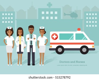 Group of African doctors and nurses. Black man and woman medical staff standing in front of hospital with ambulance. Flat design people characters.