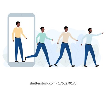 Group of african men walking out of big phone. Virtual and real world concept.  Referral marketing program concept. Business teamwork. Vector illustration isolated on white