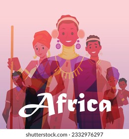Group of African people in traditional clothes, square poster with text, flat vector illustration. Culture and traditions of Africa. Black men and women, African tribes.