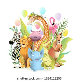 Grupo de animales de safari africanos celebrando cumpleaños u otro evento de fiesta, tarjeta de felicitación para los niños. Caricatura infantil 3d con elefante de cebra de león jirafa hippo canguro croc. Tarjeta vectorial.