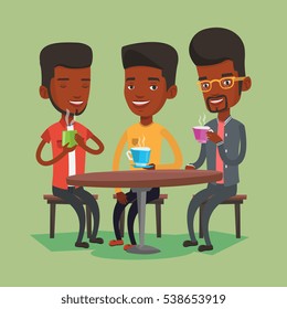 Group of african-american friends drinking hot and alcoholic drinks. Three smiling friends hanging out together in a cafe. Friends relaxing in cafe. Vector flat design illustration. Square layout.