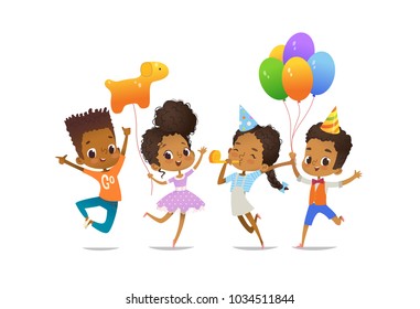 Group of African-American happy boys and girls with the balloons and birthday hats happily jumping with their hands up. Birthday party vector illustration for website banner, poster, flyer, invitation