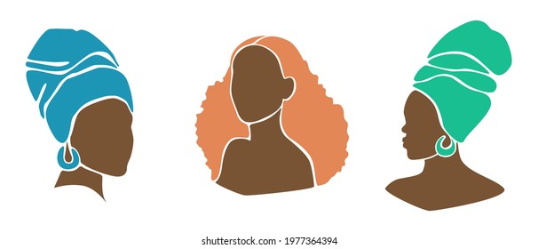 Group of Afro american womans in flat style. Black skin girls with headwear and curly hair. Vector illustration