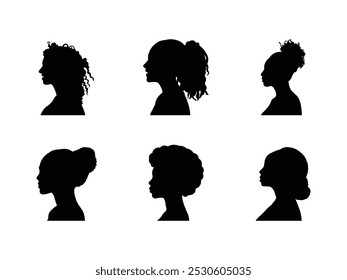 Grupo de silhueta menina afro isolado fundo branco. Coleção de rosto de mulher negra com penteado estilizado. Ilustração de vetor