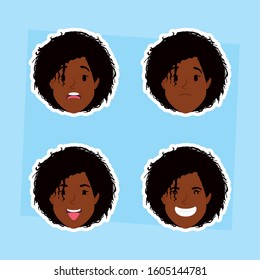 group of afro women heads and expressions vector illustration design