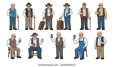 Group of Aged Men Displaying Different Behaviors and Wearing Varied Attire Styles